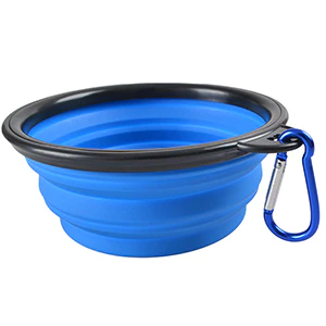 Collapsible silicone bowl with carabiner is perfect to use to feed your dog food and water on the go.