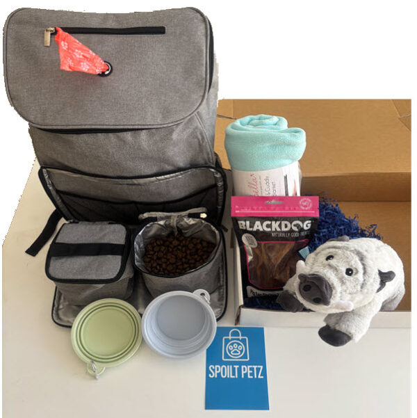 The Sleepover Hamper is packed with goodies for your dog's overnight stay in a durable nylon bag with collapsible food containers and bowls.